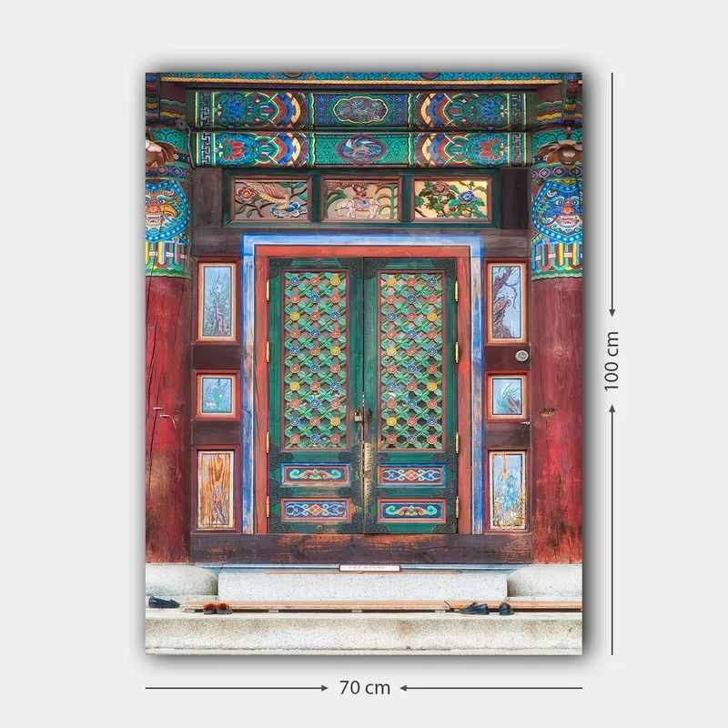 Lærred 70x100 cm - Farverig og detaljeret dør med traditionelle mønstre og dekorationer - Grøn / Rød / Blå - Boligtilbehør - Billeder & kunst - Billeder på lærred