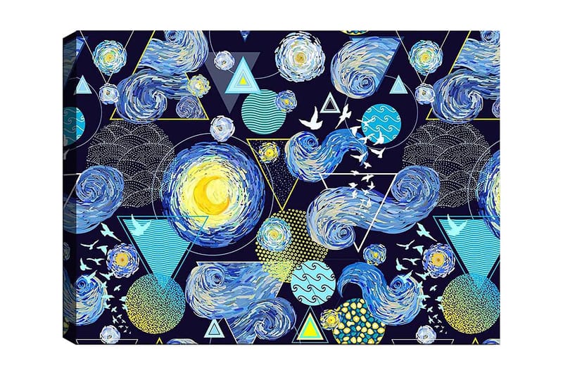 Lærred 70x100 cm - Farverig og dynamisk fortolkning af nattehimlen med roterende galakser og geometriske former, Blå / Gul / Hvid