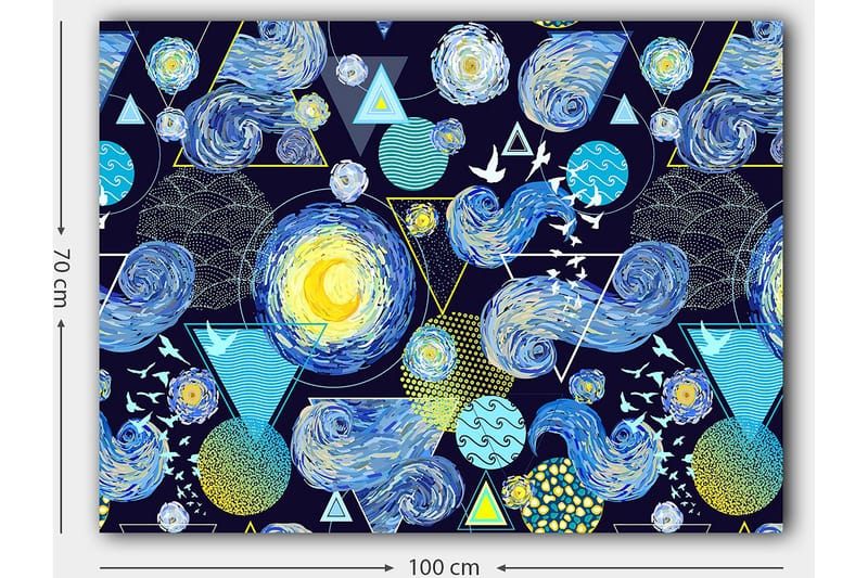 Lærred 70x100 cm - Farverig og dynamisk fortolkning af nattehimlen med roterende galakser og geometriske former - Blå / Gul / Hvid - Boligtilbehør - Billeder & kunst - Billeder på lærred