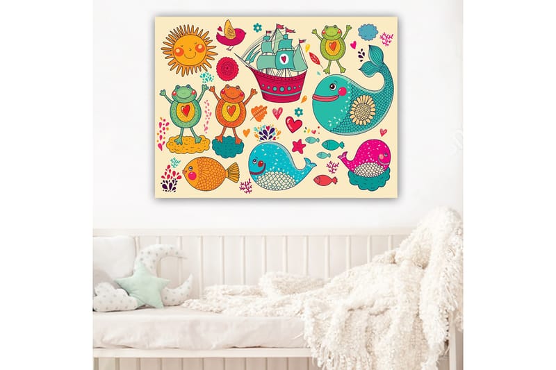 Lærred 70x100 cm - Farverig og legende illustration med glade frøer, fisk og et skib i et fantasifuldt maritimt miljø - Turkis / Orange / Pink - Boligtilbehør - Billeder & kunst - Billeder på lærred