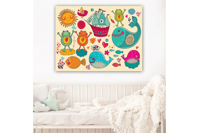 Lærred 70x100 cm - Farverig og legende illustration med glade frøer, fisk og et skib i et fantasifuldt maritimt miljø - Turkis / Orange / Pink - Boligtilbehør - Billeder & kunst - Billeder på lærred