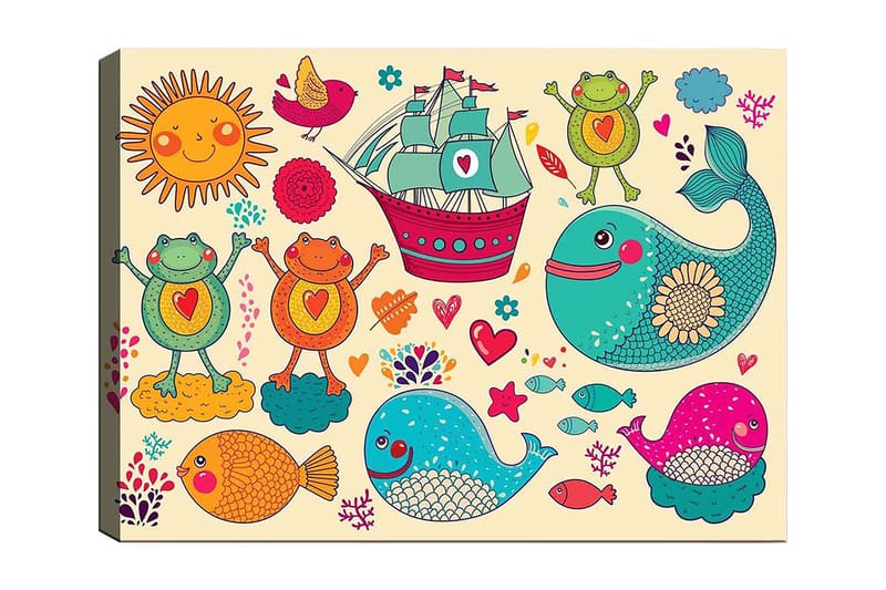 Lærred 70x100 cm - Farverig og legende illustration med glade frøer, fisk og et skib i et fantasifuldt maritimt miljø, Turkis / Orange / Pink