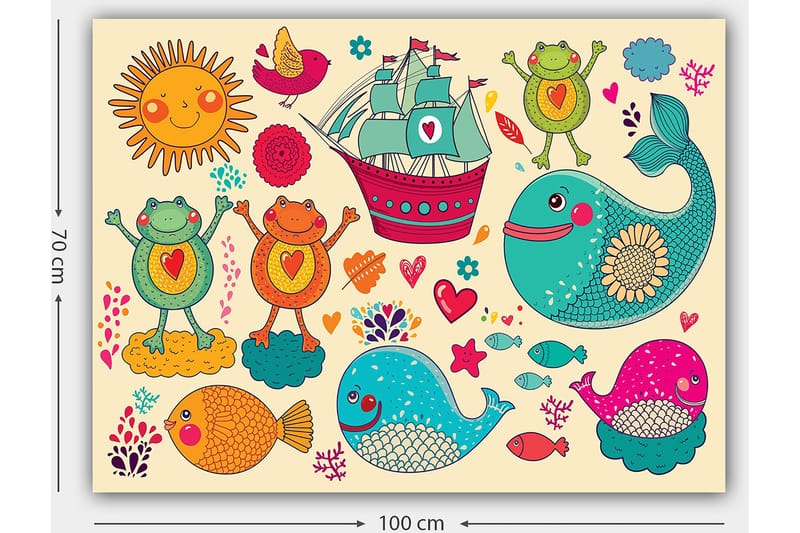 Lærred 70x100 cm - Farverig og legende illustration med glade frøer, fisk og et skib i et fantasifuldt maritimt miljø - Turkis / Orange / Pink - Boligtilbehør - Billeder & kunst - Billeder på lærred