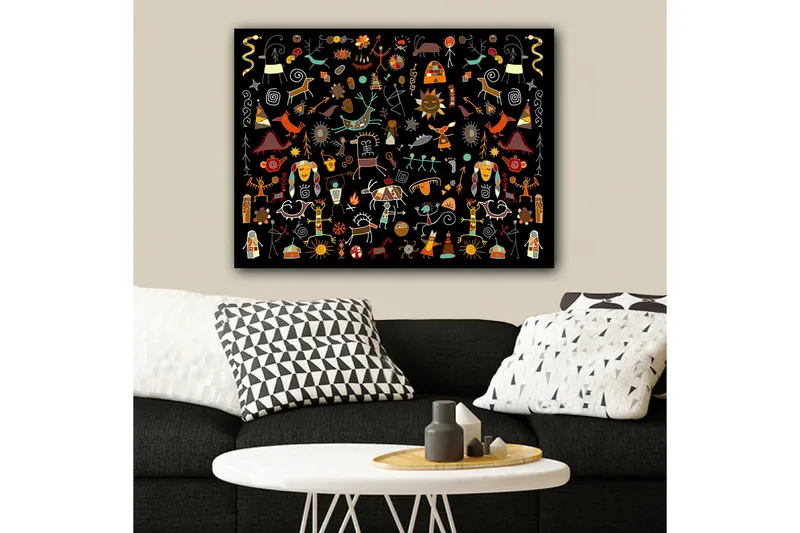 Lærred 70x100 cm - Farverig og legende samling af symboler og figurer, der repræsenterer natur og kultur, Rød / Gul / Sort