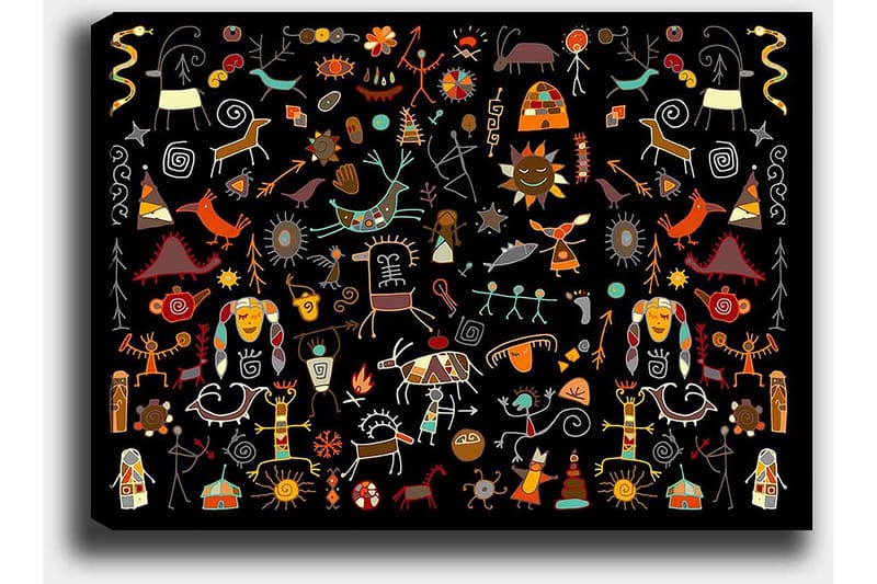Lærred 70x100 cm - Farverig og legende samling af symboler og figurer, der repræsenterer natur og kultur - Rød / Gul / Sort - Boligtilbehør - Billeder & kunst - Billeder på lærred