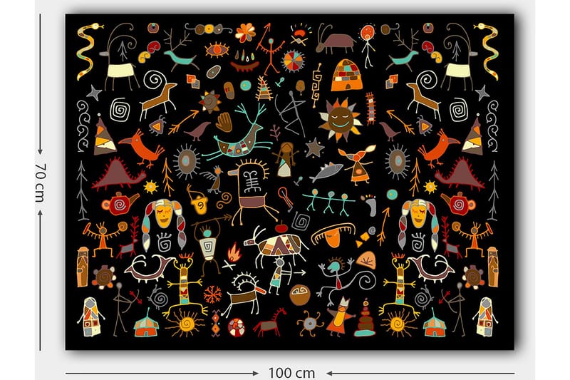 Lærred 70x100 cm - Farverig og legende samling af symboler og figurer, der repræsenterer natur og kultur - Rød / Gul / Sort - Boligtilbehør - Billeder & kunst - Billeder på lærred
