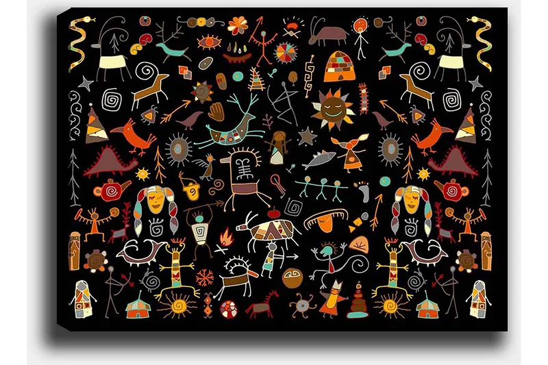 Lærred 70x100 cm - Farverig og legende samling af symboler og figurer, der repræsenterer natur og kultur - Rød / Gul / Sort - Boligtilbehør - Billeder & kunst - Billeder på lærred