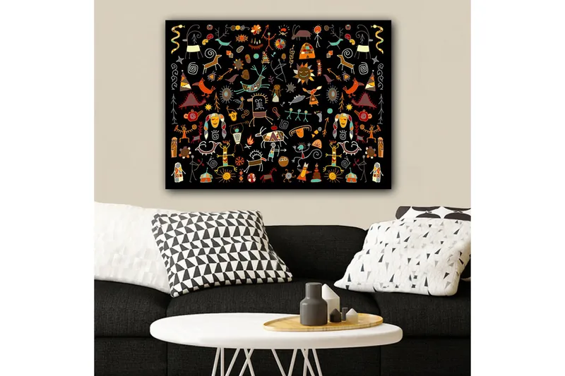 Lærred 70x100 cm - Farverig og legende samling af symboler og figurer, der repræsenterer natur og kultur, Rød / Gul / Sort