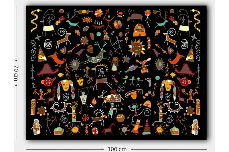 Lærred 70x100 cm - Farverig og legende samling af symboler og figurer, der repræsenterer natur og kultur - Rød / Gul / Sort - Boligtilbehør - Billeder & kunst - Billeder på lærred