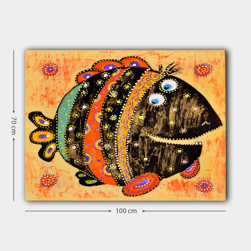 Lærred 70x100 cm - Farverig og legesyg fisk med mønstre og store øjne - Sort / Orange / Blå - Boligtilbehør - Billeder & kunst - Billeder på lærred