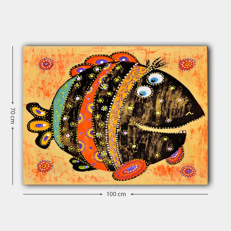 Lærred 70x100 cm - Farverig og legesyg fisk med mønstre og store øjne - Sort / Orange / Blå - Boligtilbehør - Billeder & kunst - Billeder på lærred