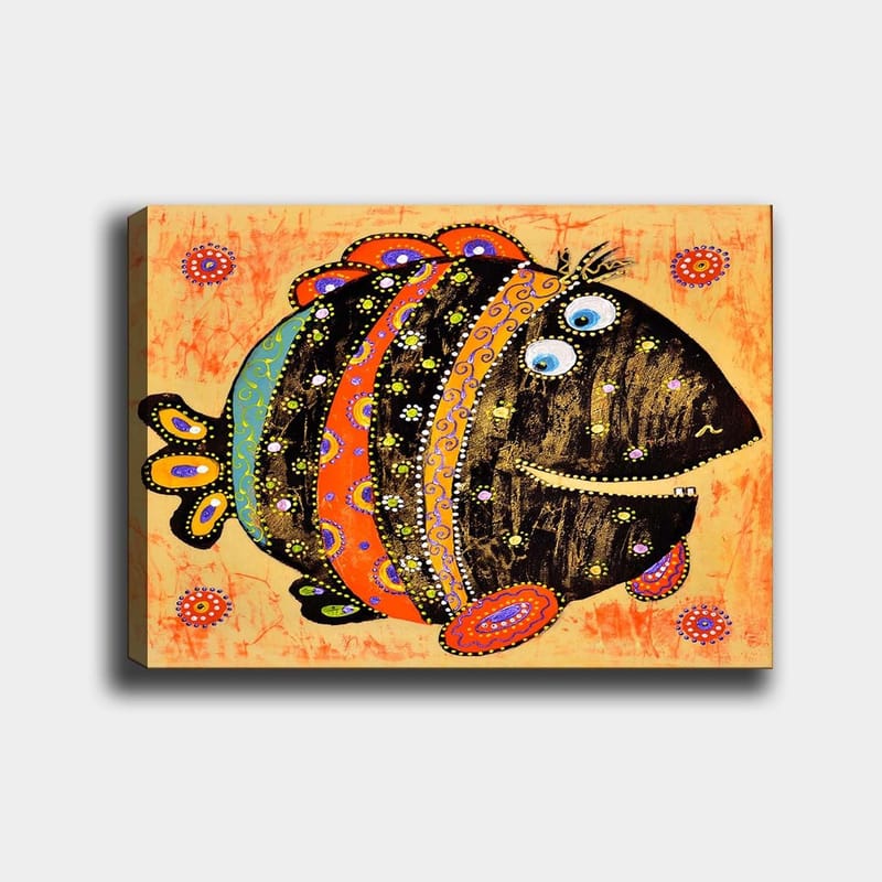 Lærred 70x100 cm - Farverig og legesyg fisk med mønstre og store øjne, Sort / Orange / Blå