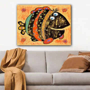Lærred 70x100 cm - Farverig og legesyg fisk med mønstre og store øjne - Sort / Orange / Blå - Boligtilbehør - Billeder & kunst - Billeder på lærred
