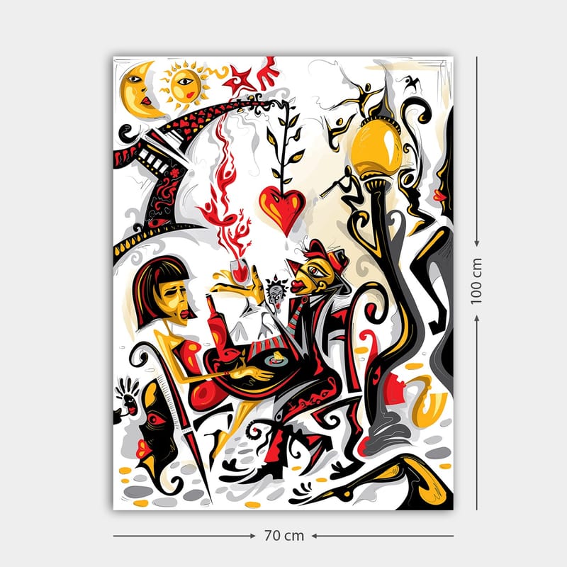 Lærred 70x100 cm - Farverig og levende scene med en kvinde og en mand, der interagerer, omgivet af symboler på kærlighed og liv - Rød / Sort / Gul - Boligtilbehør - Billeder & kunst - Billeder på lærred