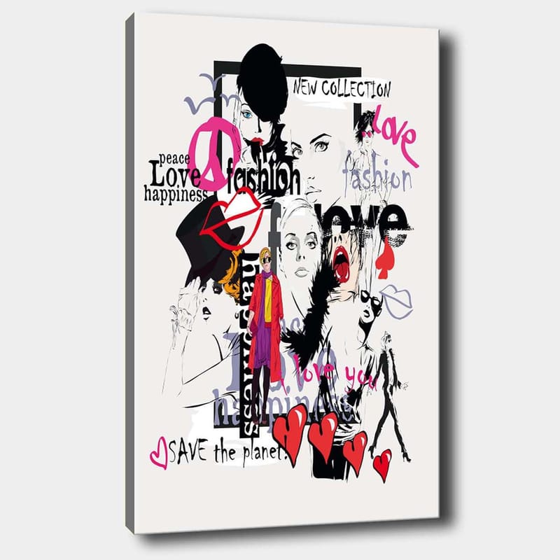 Lærred 70x100 cm - Farverig og moderne collage af modeikoner og udtryk for kærlighed og fred, Lyserød / Sort / Rød