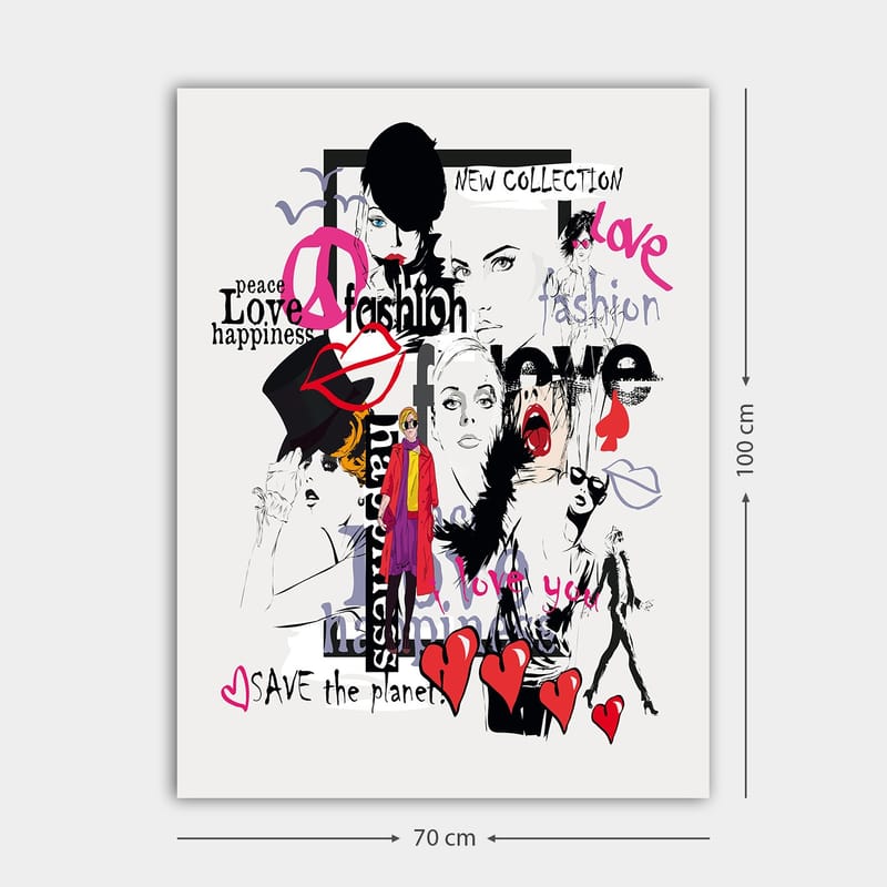 Lærred 70x100 cm - Farverig og moderne collage af modeikoner og udtryk for kærlighed og fred - Lyserød / Sort / Rød - Boligtilbehør - Billeder & kunst - Billeder på lærred