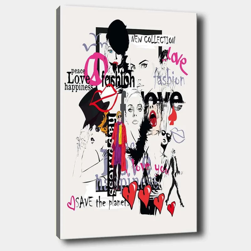 Lærred 70x100 cm - Farverig og moderne collage af modeikoner og udtryk for kærlighed og fred, Lyserød / Sort / Rød