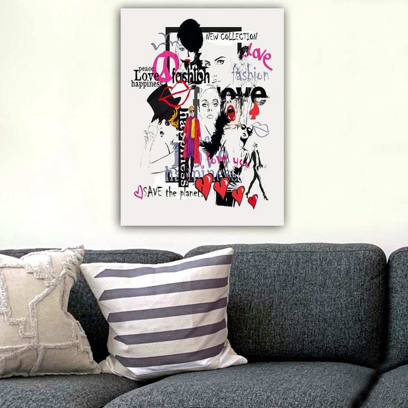 Lærred 70x100 cm - Farverig og moderne collage af modeikoner og udtryk for kærlighed og fred - Lyserød / Sort / Rød - Boligtilbehør - Billeder & kunst - Billeder på lærred