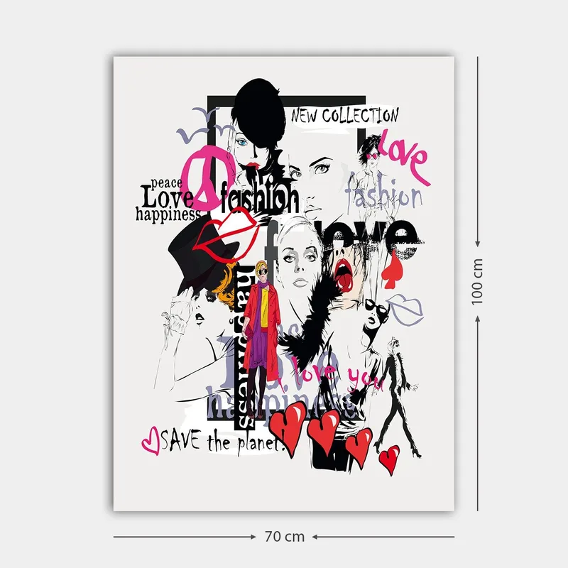 Lærred 70x100 cm - Farverig og moderne collage af modeikoner og udtryk for kærlighed og fred - Lyserød / Sort / Rød - Boligtilbehør - Billeder & kunst - Billeder på lærred