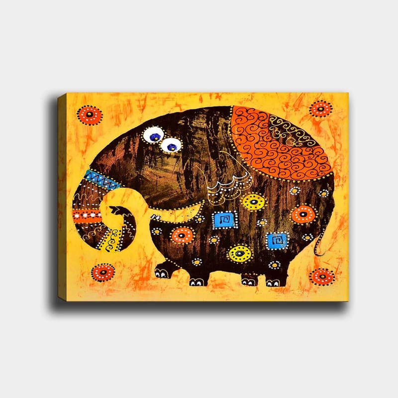 Lærred 70x100 cm - Farverig og stiliseret elefant med mønstre og detaljer, Mørkebrun / Orange / Gul