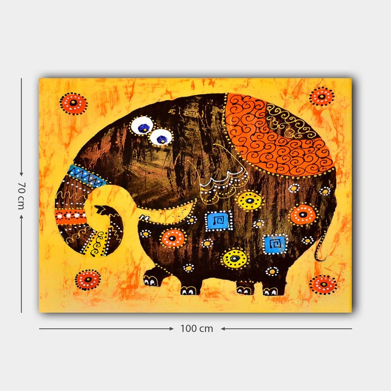 Lærred 70x100 cm - Farverig og stiliseret elefant med mønstre og detaljer - Mørkebrun / Orange / Gul - Boligtilbehør - Billeder & kunst - Billeder på lærred