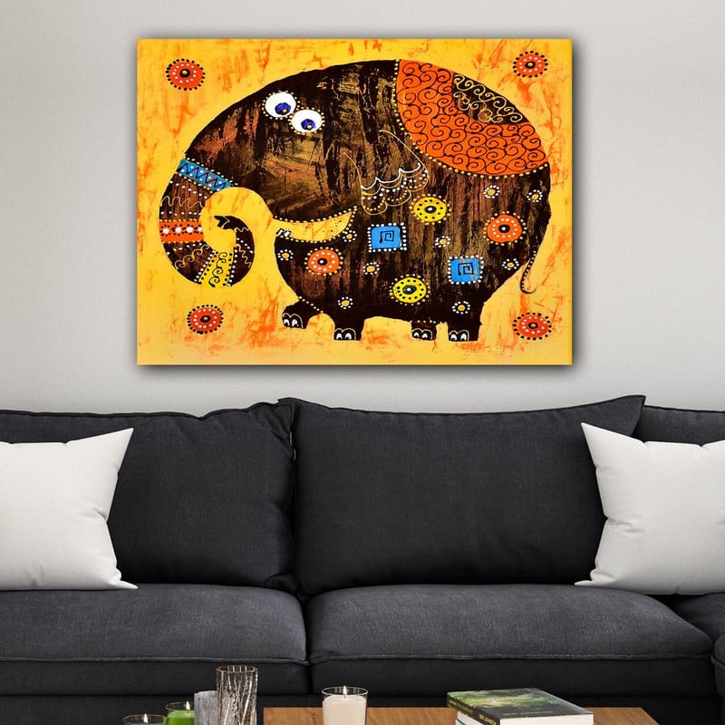 Lærred 70x100 cm - Farverig og stiliseret elefant med mønstre og detaljer - Mørkebrun / Orange / Gul - Boligtilbehør - Billeder & kunst - Billeder på lærred