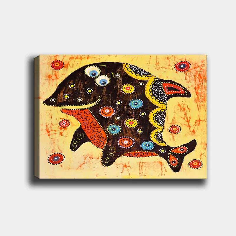 Lærred 70x100 cm - Farverig og stiliseret fisk med mønstre og detaljer i forskellige farver, Sort / Orange / Gul