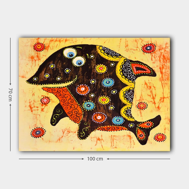 Lærred 70x100 cm - Farverig og stiliseret fisk med mønstre og detaljer i forskellige farver - Sort / Orange / Gul - Boligtilbehør - Billeder & kunst - Billeder på lærred