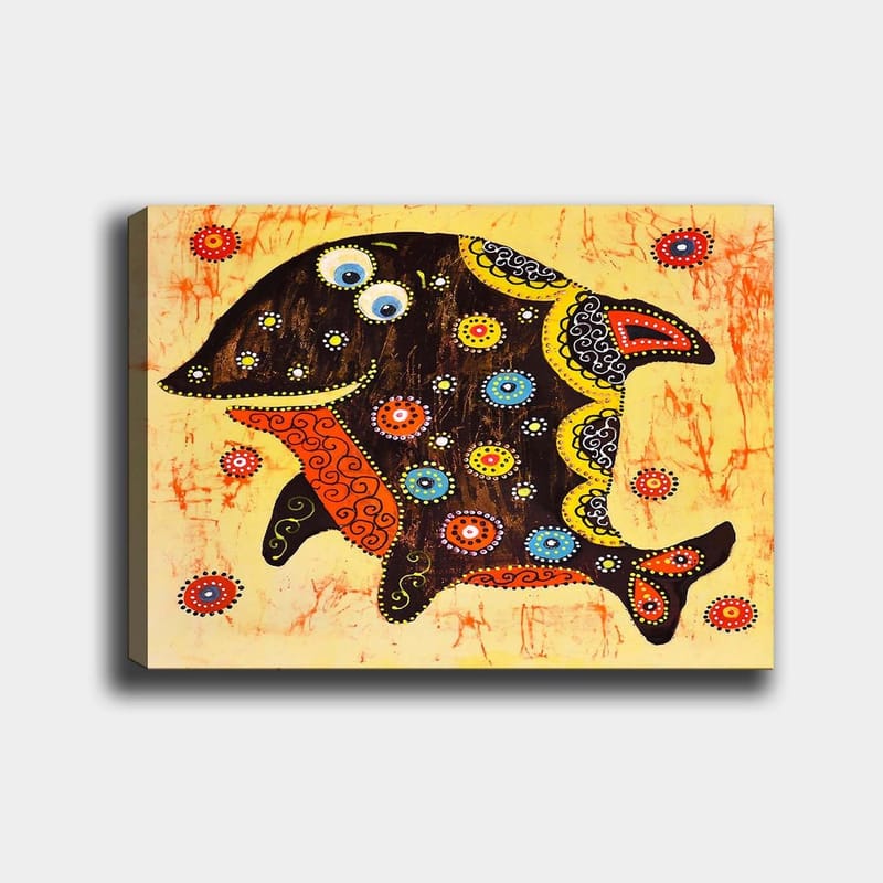Lærred 70x100 cm - Farverig og stiliseret fisk med mønstre og detaljer i forskellige farver, Sort / Orange / Gul