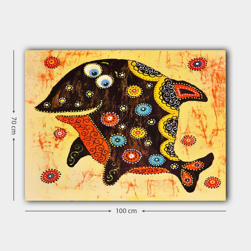 Lærred 70x100 cm - Farverig og stiliseret fisk med mønstre og detaljer i forskellige farver - Sort / Orange / Gul - Boligtilbehør - Billeder & kunst - Billeder på lærred