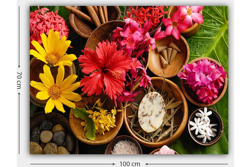 Lærred 70x100 cm - Farverig samling af blomster og naturlige elementer i skåle - Rød / Gul / Lyserød - Boligtilbehør - Billeder & kunst - Billeder på lærred