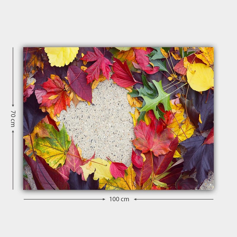 Lærred 70x100 cm - Farverig samling af efterårsblade i forskellige nuancer omkring en grå overflade - Rød / Gul / Grøn - Boligtilbehør - Billeder & kunst - Billeder på lærred