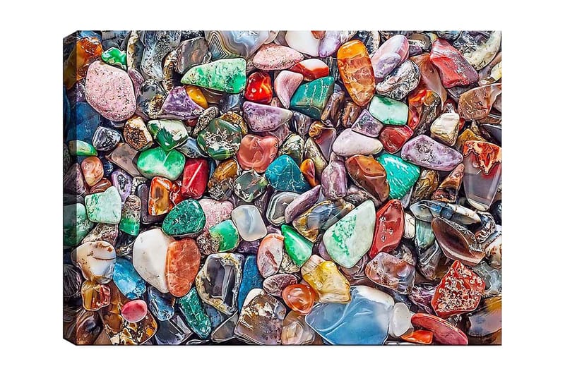 Lærred 70x100 cm - Farverig samling af slebne sten og ædelsten, Grøn / Rød / Lilla