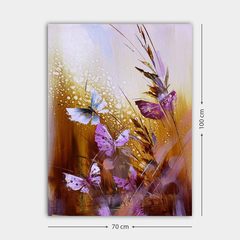 Lærred 70x100 cm - Farverig samling af sommerfugle i et naturligt miljø - Lilla / Blå / Gyldenbrun - Boligtilbehør - Billeder & kunst - Billeder på lærred