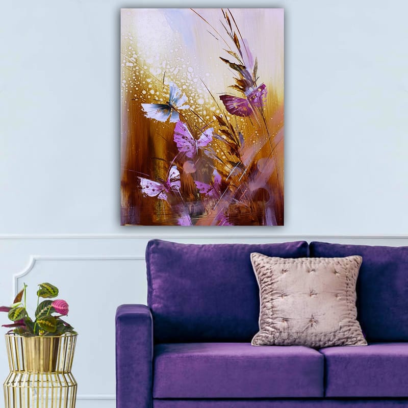 Lærred 70x100 cm - Farverig samling af sommerfugle i et naturligt miljø - Lilla / Blå / Gyldenbrun - Boligtilbehør - Billeder & kunst - Billeder på lærred