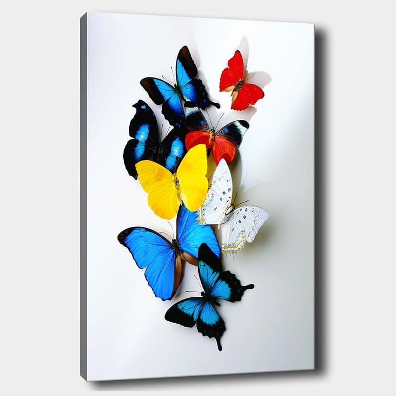 Lærred 70x100 cm - Farverig samling af sommerfugle i forskellige nuancer, der skaber en levende og dynamisk komposition - Blå / Gul / Rød - Boligtilbehør - Billeder & kunst - Billeder på lærred