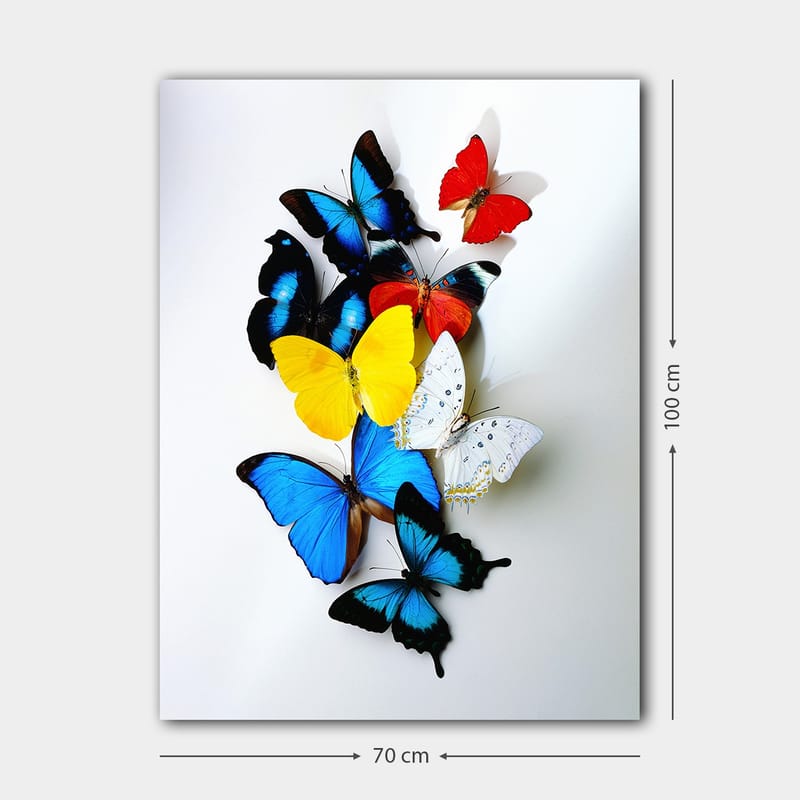 Lærred 70x100 cm - Farverig samling af sommerfugle i forskellige nuancer, der skaber en levende og dynamisk komposition - Blå / Gul / Rød - Boligtilbehør - Billeder & kunst - Billeder på lærred