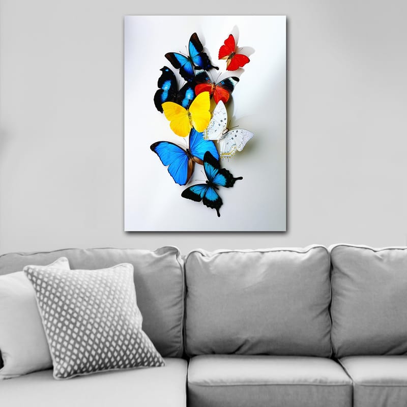 Lærred 70x100 cm - Farverig samling af sommerfugle i forskellige nuancer, der skaber en levende og dynamisk komposition - Blå / Gul / Rød - Boligtilbehør - Billeder & kunst - Billeder på lærred
