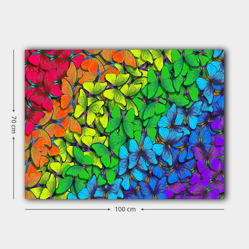 Lærred 70x100 cm - Farverig samling af sommerfugle i forskellige nuancer, der skaber en levende og harmonisk komposition - Grøn / Blå / Orange - Boligtilbehør - Billeder & kunst - Billeder på lærred