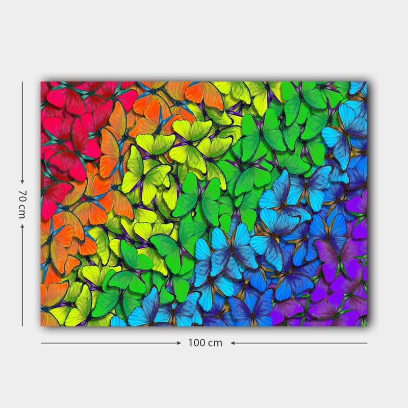 Lærred 70x100 cm - Farverig samling af sommerfugle i forskellige nuancer, der skaber en levende og harmonisk komposition - Grøn / Blå / Orange - Boligtilbehør - Billeder & kunst - Billeder på lærred