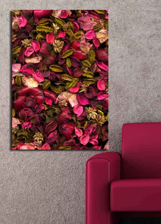 Lærred 70x100 cm - Farverig samling af tørrede blomster og blade - Lyserød / Grøn / Brun - Boligtilbehør - Billeder & kunst - Billeder på lærred