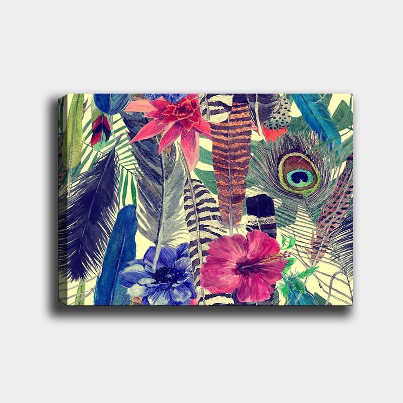 Lærred 70x100 cm - Farverig samling af tropiske blomster og fjer, Grøn / Lyserød / Blå