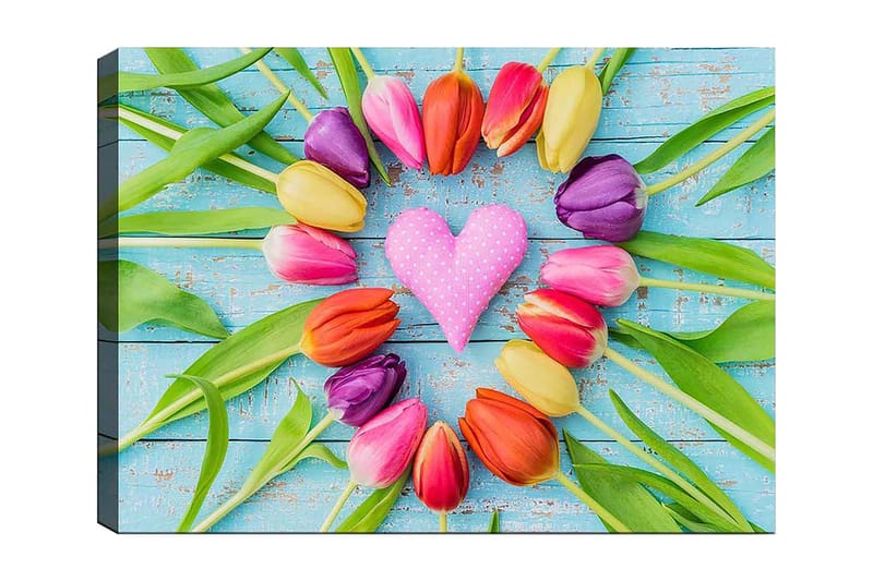 Lærred 70x100 cm - Farverig samling af tulipaner formet som et hjerte med en lyserød ornament i midten, Lyserød / Lilla / Orange
