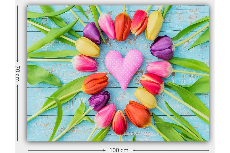 Lærred 70x100 cm - Farverig samling af tulipaner formet som et hjerte med en lyserød ornament i midten - Lyserød / Lilla / Orange - Boligtilbehør - Billeder & kunst - Billeder på lærred