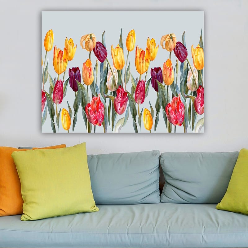 Lærred 70x100 cm - Farverig samling af tulipaner i forskellige nuancer - Gul / Rød / Lilla - Boligtilbehør - Billeder & kunst - Billeder på lærred