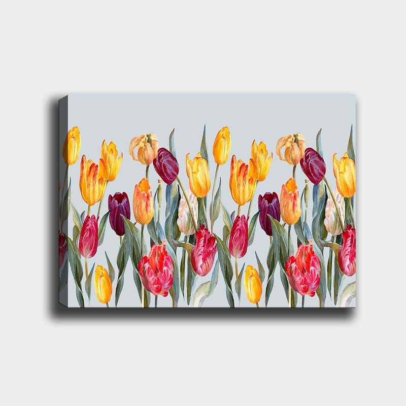 Lærred 70x100 cm - Farverig samling af tulipaner i forskellige nuancer, Gul / Rød / Lilla