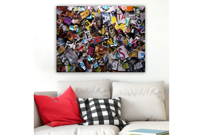 Lærred 70x100 cm - Farverig samling af udskårne bogstaver og ord i forskellige skrifttyper og størrelser - Gul / Rød / Blå - Boligtilbehør - Billeder & kunst - Billeder på lærred