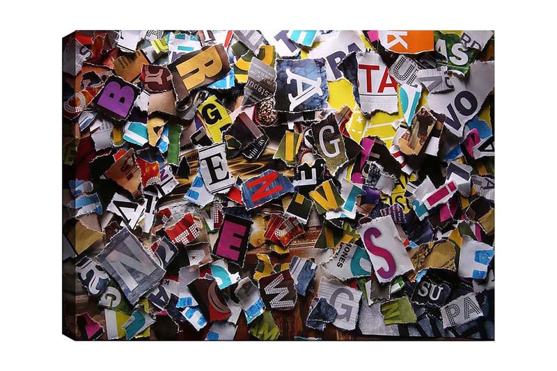 Lærred 70x100 cm - Farverig samling af udskårne bogstaver og ord i forskellige skrifttyper og størrelser, Gul / Rød / Blå