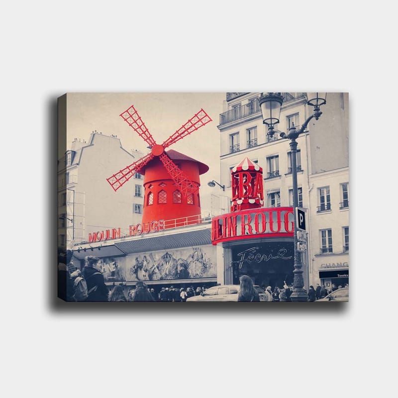 Lærred 70x100 cm - Farverig skildring af Moulin Rouge med dens karakteristiske røde vindmølle, Rød / Sort / Grå