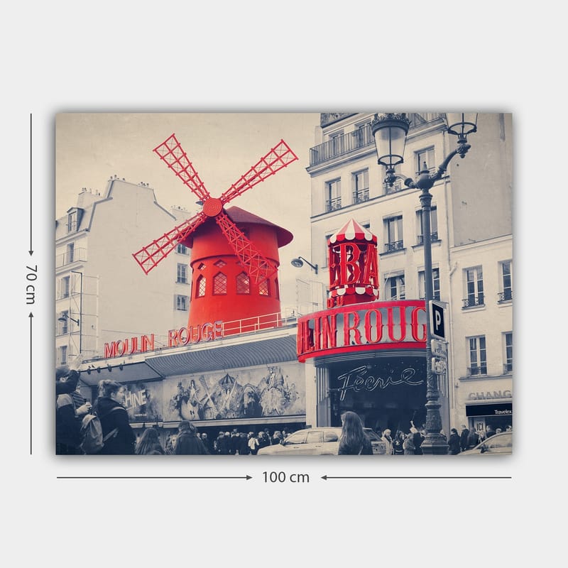 Lærred 70x100 cm - Farverig skildring af Moulin Rouge med dens karakteristiske røde vindmølle - Rød / Sort / Grå - Boligtilbehør - Billeder & kunst - Billeder på lærred